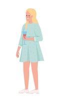 Pleased blond girl drinking sparkling beverage semi flat color vector character