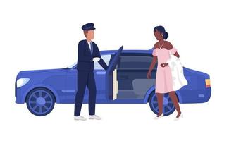 Personal chauffeur and lady in luxury dress semi flat color vector characters