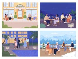 Enjoying peaceful time at resort flat color vector illustration set