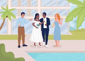 Celebrating wedding party at tropical resort with friends flat color vector illustration