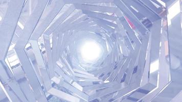 un tunnel rotatif en métal argenté chromé brillant avec des parois de nervures et des lignes en forme d'hexagone avec des reflets de rayons lumineux. fond abstrait. vidéo en haute qualité 4k, motion design video