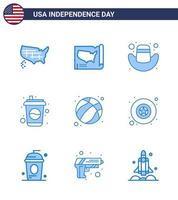 Big Pack of 9 USA Happy Independence Day USA Vector Blues and Editable Symbols of star badge cola usa ball Editable USA Day Vector Design Elements