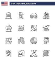 16 USA Line Pack of Independence Day Signs and Symbols of festivity barbeque sunglasses church american Editable USA Day Vector Design Elements