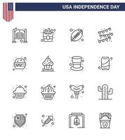 16 Line Signs for USA Independence Day meal burger ball party bulb buntings Editable USA Day Vector Design Elements
