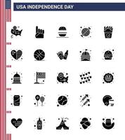 Pack of 25 creative USA Independence Day related Solid Glyph of fastfood party eat grill barbecue Editable USA Day Vector Design Elements