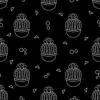 Seamless pattern with cute hand-drawn cacti black background. vector