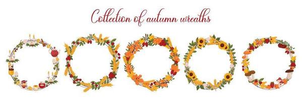 Set autumn wreaths with berries, sunflowers, mushrooms and autumn leaves, elements for tea party, with space for text. Vector illustration isolated white background.