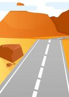 un camino gris va a lo largo de una colina naranja junto a grandes piedras y montañas en la distancia vector