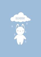 A sad white rabbit under raindrops from a cloud is sad on a blue Monday vector