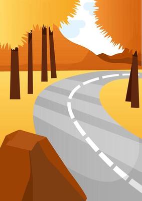 Autumn landscape with road and orange trees with sunbeams