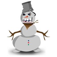 Snowman with a bucket on his head and a cowboy bandage. Scarf and hat. Evil and good snowman. Vector illustration.