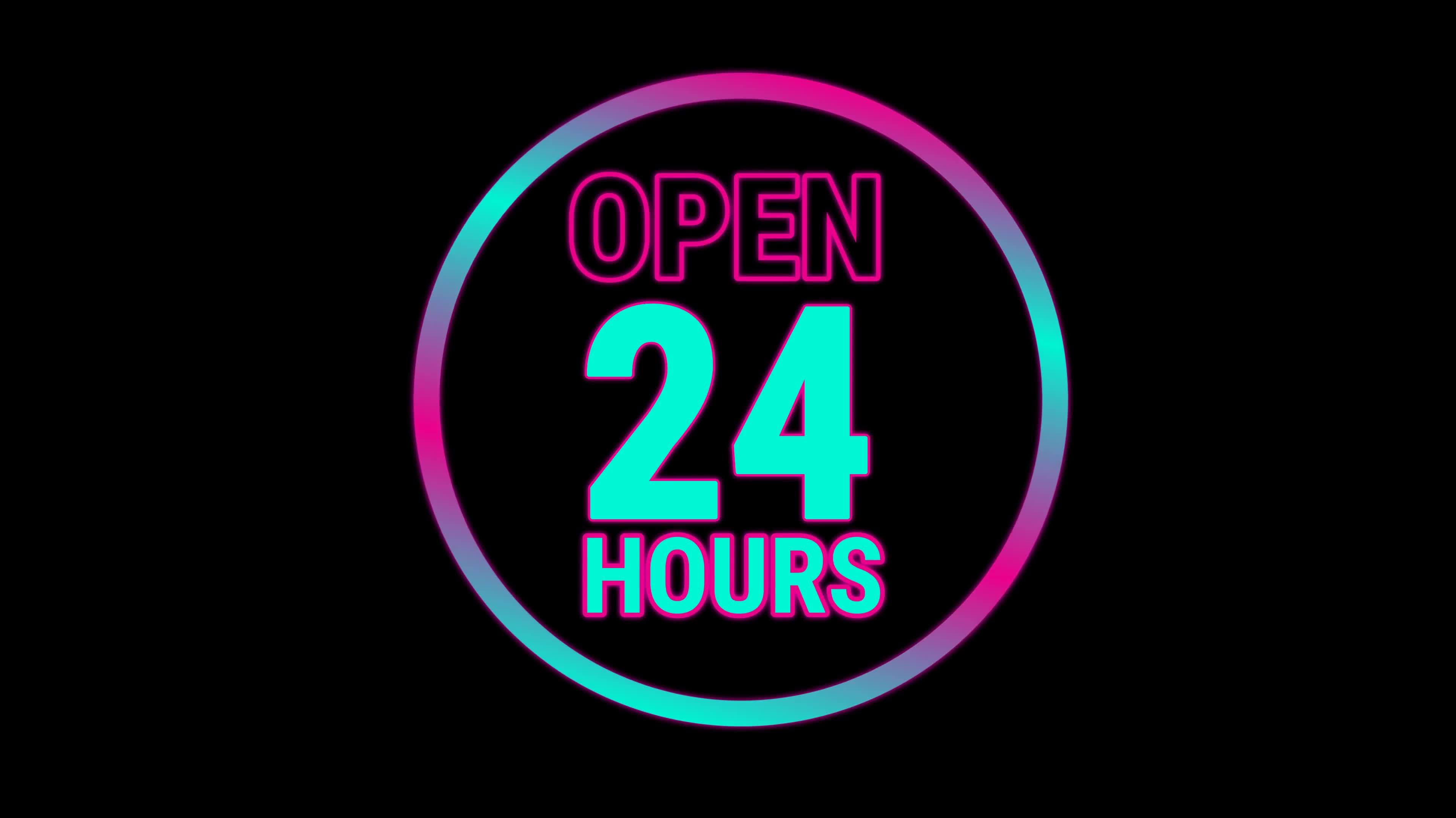 Neon sign animation Open 24 hours on a black background. Pink neon sign Open 24 hours in neon