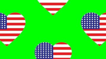 Amerika in de hart animatie in beweging van vier zijden naar de dezelfde bestemming met de Amerikaans vlag Aan een groen scherm achtergrond. Verenigde staten liefde. liefde vlag element, land liefde video. video