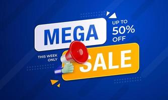 Mega sale banner promotion with 3D megaphone on red background. Special offer label design vector