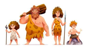 Primitive people characters. Prehistoric stone age caveman family cartoon illustration vector