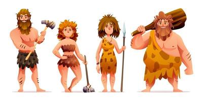 Primitive people characters. Prehistoric stone age caveman set vector illustration