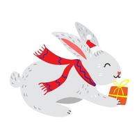 ilustración vectorial de conejo divertido de navidad con caja de regalo y sombrero de navidad vector