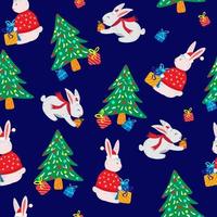 Christmas seamless vector pattern with cute rabbits with gifts and christmas tree on dark blue background