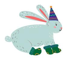 Vector illustration of cute funny rabbit in winter socks and in a festive hat