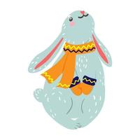 Vector illustration of happy cute Christmas rabbit in winter scarf. Cute rabbit - symbol of 2023