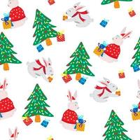 Christmas seamless pattern with cute rabbits with gifts and christmas tree vector