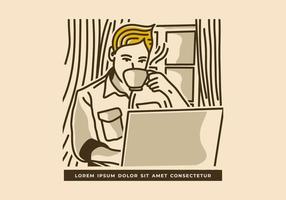 diseño de ilustración vintage de hombre tomando café frente a la computadora portátil vector