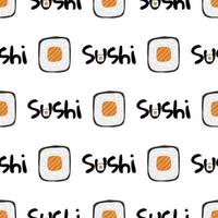 patrón sin costuras con texto de sushi e ilustración de roll maki sobre fondo blanco vector