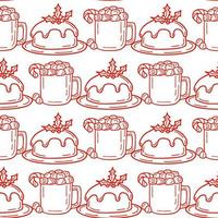 Seamless pattern with traditional Christmas cake and cocoa with marshmallows vector