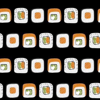 Seamless pattern with Sushi roll set illustration on black background