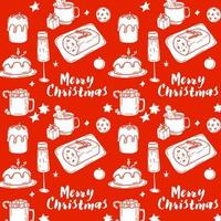 Seamless pattern with traditional Christmas food and drink in doodle style on a red background vector