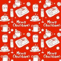 Seamless pattern with traditional Christmas food and drink in doodle style on a red background vector