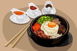 Illustration of Pibimpap Asian food with sauces and chopsticks on a neutral background with spots. Suitable for printing menus in a restaurant. vector