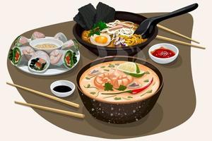 Illustration of an Asian dinner with ramen, tom yam, spring rolls with sauces and chopsticks on a neutral background. Suitable for printing menus in a restaurant. vector