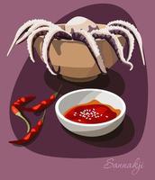 Illustration of an octopus with hot sauce and chili peppers. Asian food with seafood. Octopus with sauce on a purple background. Suitable for printing menus in a restaurant. vector