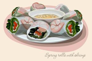 Illustration of an Asian spring rolls with shrimp on a plate with a decoration. On the table is a dish with chopsticks. Suitable for printing menus in a restaurant. vector