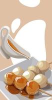 Illustration of Asian dango food in sauce. Dango on a designer background in light shades to attract customers. Can be used to print menus, flyers and banners on paper. vector