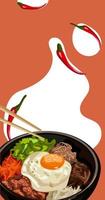 Illustration of an Asian pybimpap dish for marquetinka against a backdrop of bright spots. Flyer for distribution. Can be used to print menus, flyers and banners on paper. vector