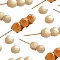 The pattern of street Asian cuisine dango in sauce. Delicious rice dessert on a stick in sweet sauce. Suitable for printing on textiles and paper. vector