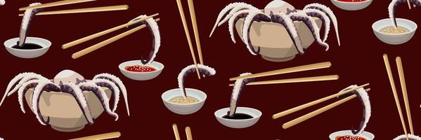 A pattern of octopus tentacles, plates with octopus, sauces and Chinese chopsticks on a burgundy background. Asian cuisine with seafood. Suitable for printing on textiles and paper for kitchen vector