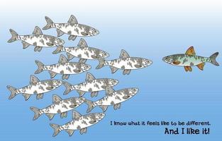 Illustration on the theme of one against all. When you are different from others. Colorless fish versus colored. Print as a postcard, banner, flyer. Lifestyle. Printing on textiles and paper vector