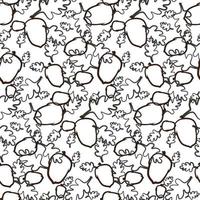 A pattern of contours of acorns and leaves of different shapes on a white background. Thin brown outline of acorns and leaves. Organized into an ornament. Suitable for printing on textiles. vector