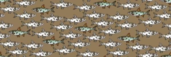 A pattern of graphic white fish with a contour and colored fish with a contour. Fish swim in different directions. Seamless pattern for printing on textiles and paper. Gift wrapping, print on clothes vector