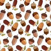 A pattern of acorns and leaves of different shapes and colors. The repeating acorns are arranged in an ornament, drawn in chaos. Suitable for printing on textiles and paper. Gift wrapping, clothing. vector