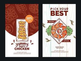 Fried Chicken nugget flyer and chicken wing double flavor Illustration vertical poster template for restaurant vector design