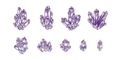 Collection of purple amethyst quartz colorful set illustration vector. Hand drawn crystal mineral design element vector