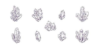 Set of crystal amethyst quartz detailed hand drawn collection vector design