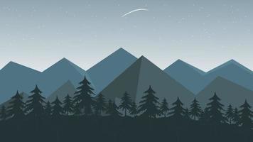 Silheoute Starry Sunset Forest Landscape with Maountains and Pine Trees vector