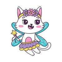 Lindo gato hada de dibujos animados con varita mágica en tutú de bailarina en estilo de fideos aislado en fondo blanco vector