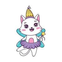 Cute cartoon cat fairy with magic wand in ballerina tutu in doodle style isolated on white background vector