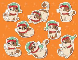 Bundle of stickers of cute cartoon cat in christmas elf costume in different poses is played isolated on white background vector